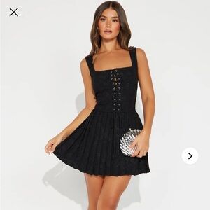 Elegant Black Lace-Up Dress - Amelia Jacquard Mini Dress